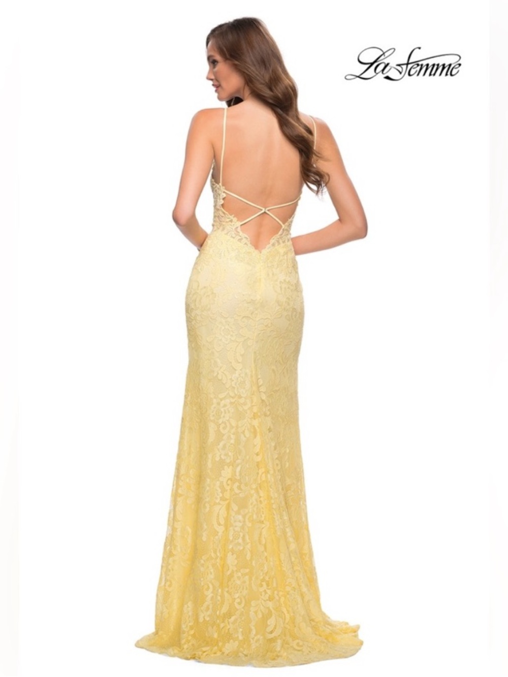 La Femme Yellow Lace Prom Dress Size 2 Open Back Slit Gown
